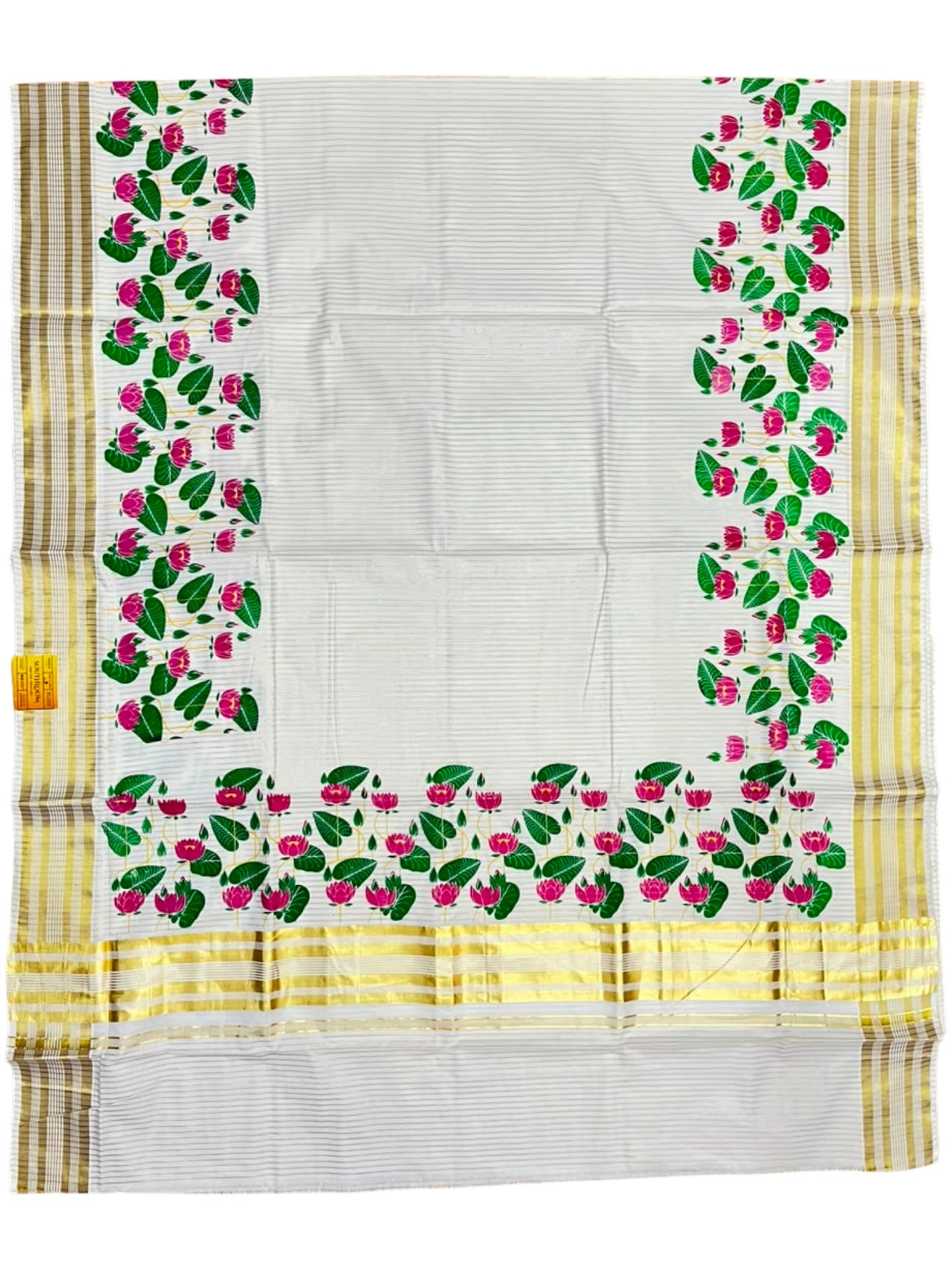 Southloom Kerala Cotton Microstripes Saree with Digital Print Lotus Design SL562