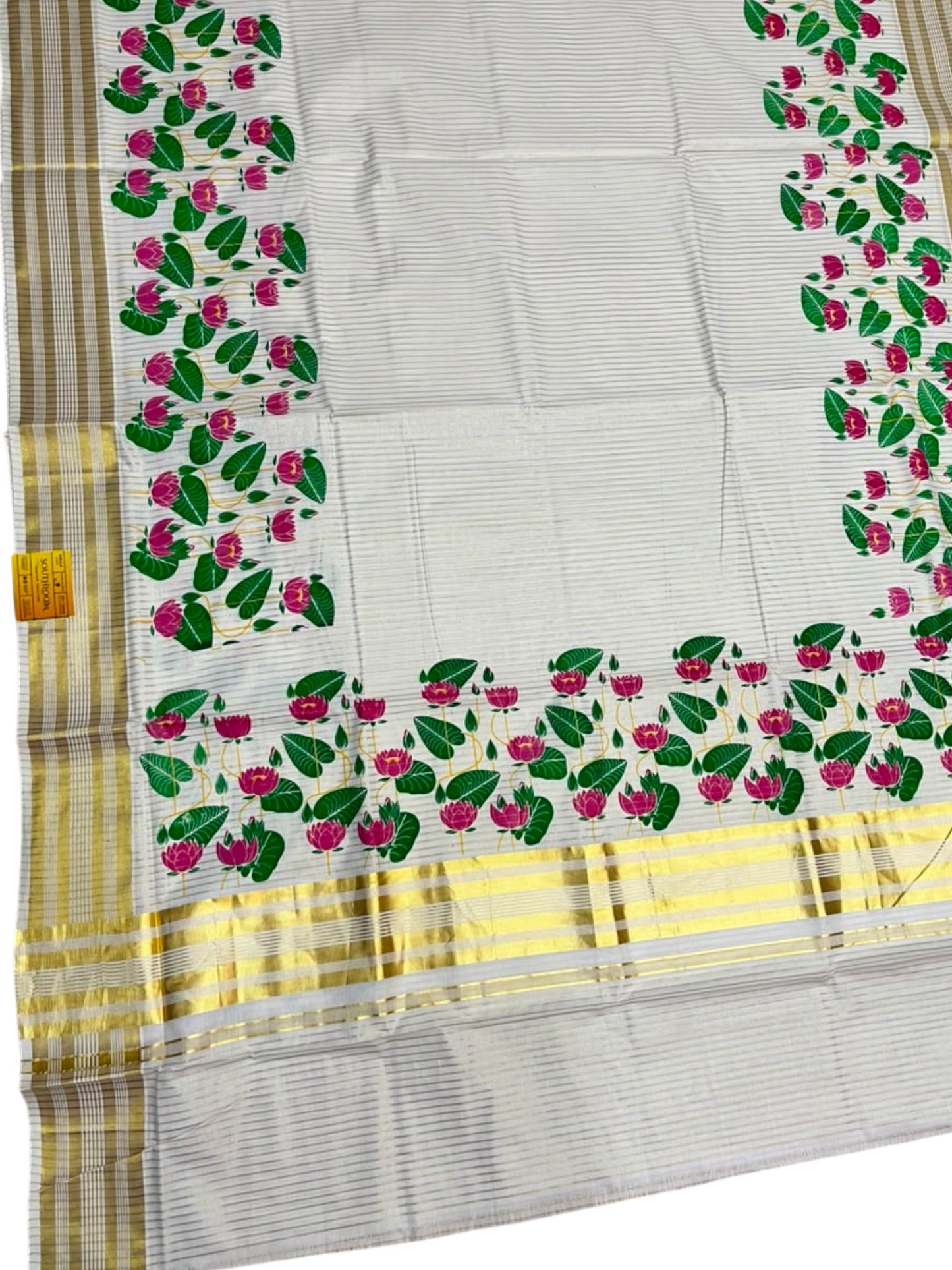 Southloom Kerala Cotton Microstripes Saree with Digital Print Lotus Design SL562