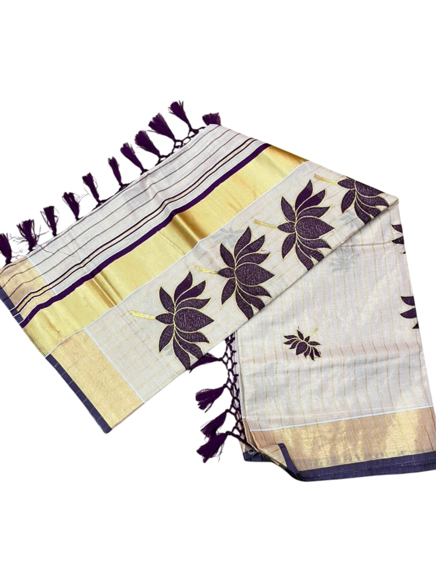 Southloom Kerala Tissue Kasavu Saree with Lotus Embroidery Works on Body in Purple SL557