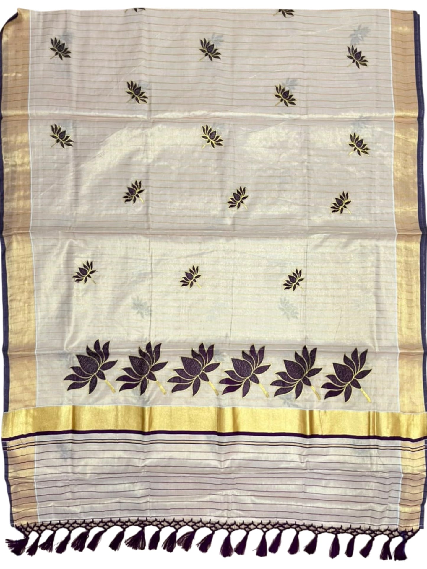 Southloom Kerala Tissue Kasavu Saree with Lotus Embroidery Works on Body in Purple SL557