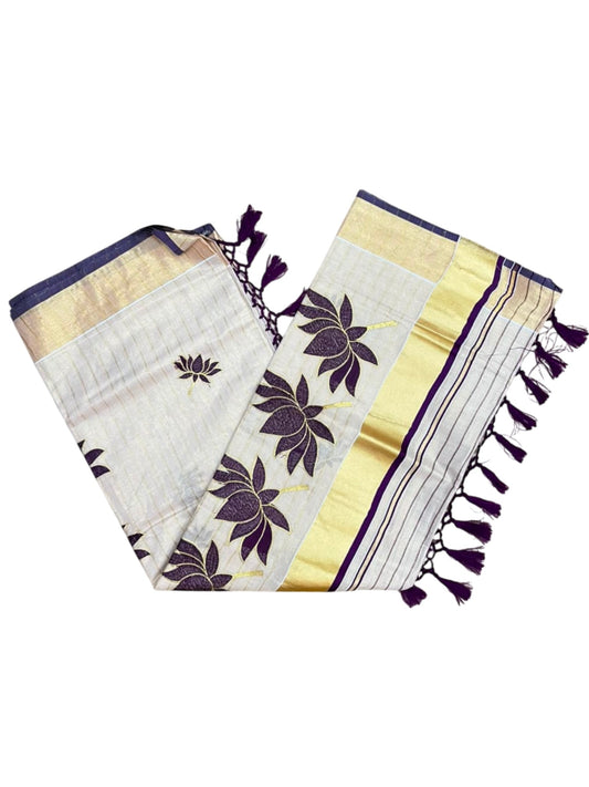 Southloom Kerala Tissue Kasavu Saree with Lotus Embroidery Works on Body in Purple SL557