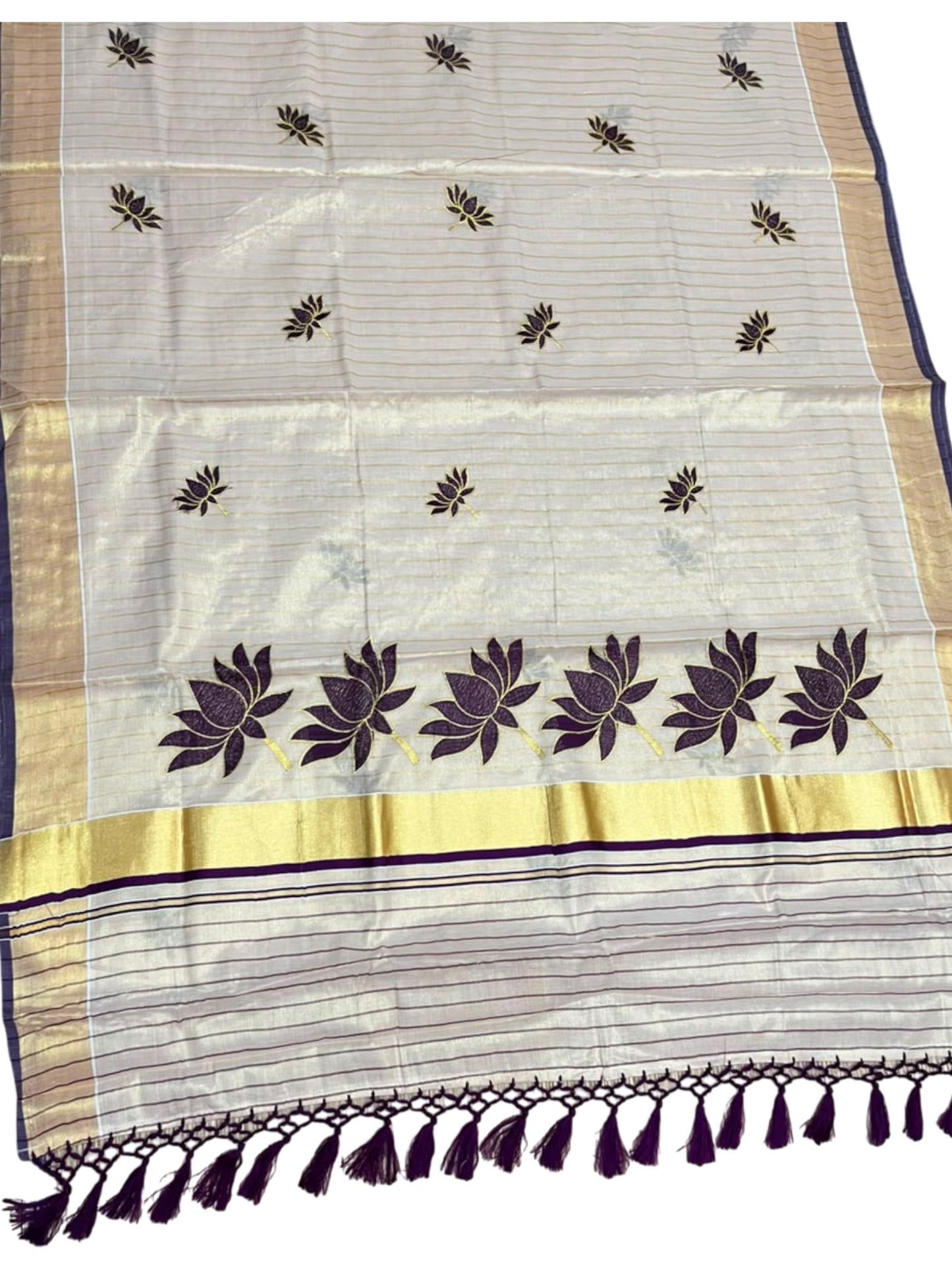 Southloom Kerala Tissue Kasavu Saree with Lotus Embroidery Works on Body in Purple SL557