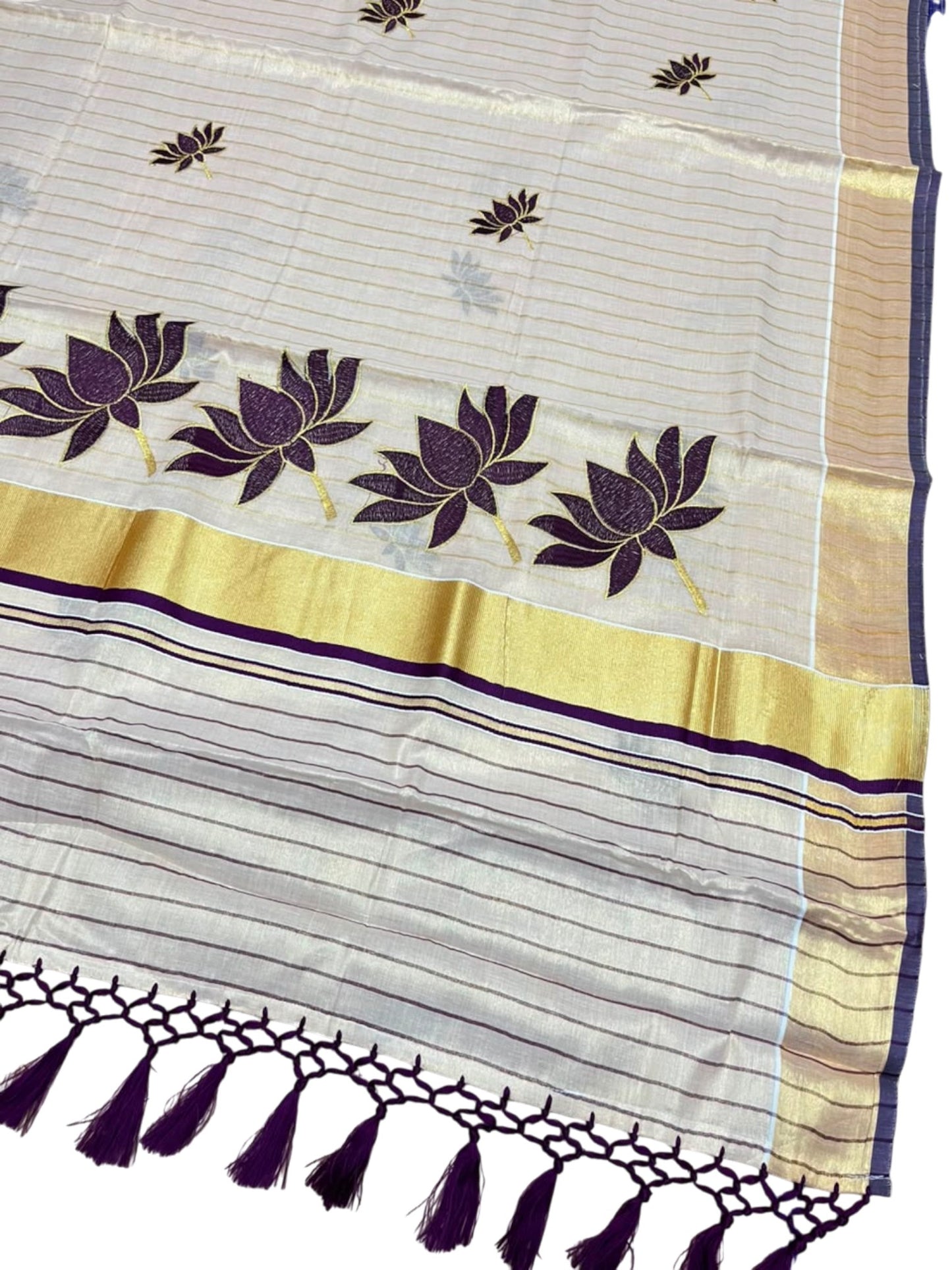 Southloom Kerala Tissue Kasavu Saree with Lotus Embroidery Works on Body in Purple SL557