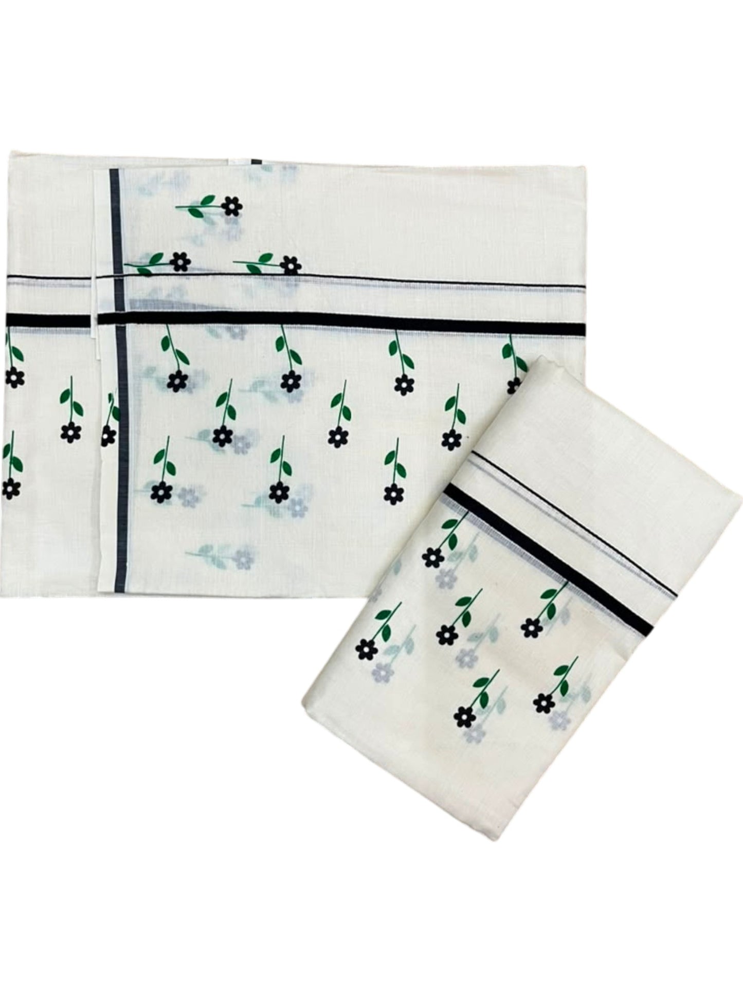 Southloom Kerala Cotton Puliyilakkara Single Set Mundu (Mundum Neriyathum) with Digital Floral Prints