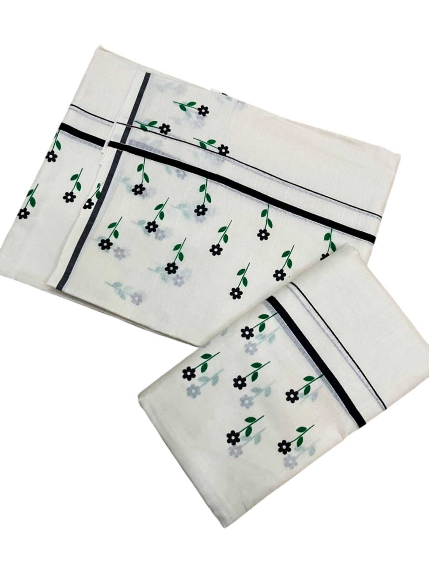 Southloom Kerala Cotton Puliyilakkara Single Set Mundu (Mundum Neriyathum) with Digital Floral Prints