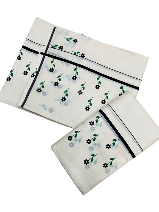 Southloom Kerala Cotton Puliyilakkara Single Set Mundu (Mundum Neriyathum) with Digital Floral Prints