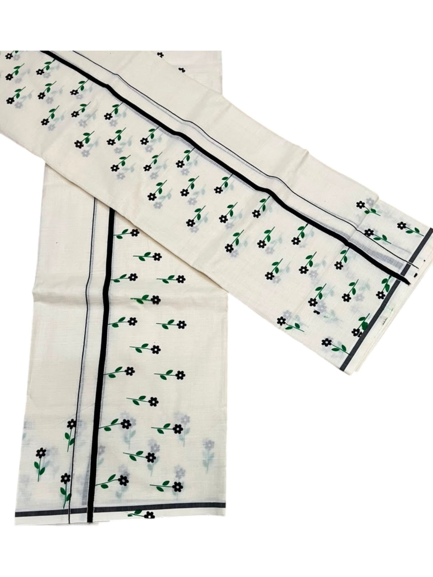 Southloom Kerala Cotton Puliyilakkara Single Set Mundu (Mundum Neriyathum) with Digital Floral Prints