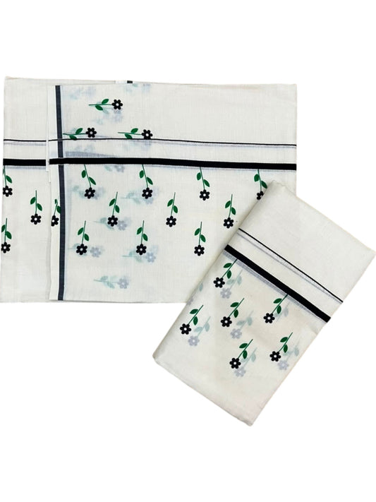 Southloom Kerala Cotton Puliyilakkara Single Set Mundu (Mundum Neriyathum) with Digital Floral Prints