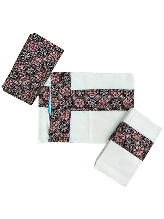 Southloom Kerala Cotton Single Set Mundu (Mundum Neriyathum) in Ajrakh Printed Design (with Blouse Piece)