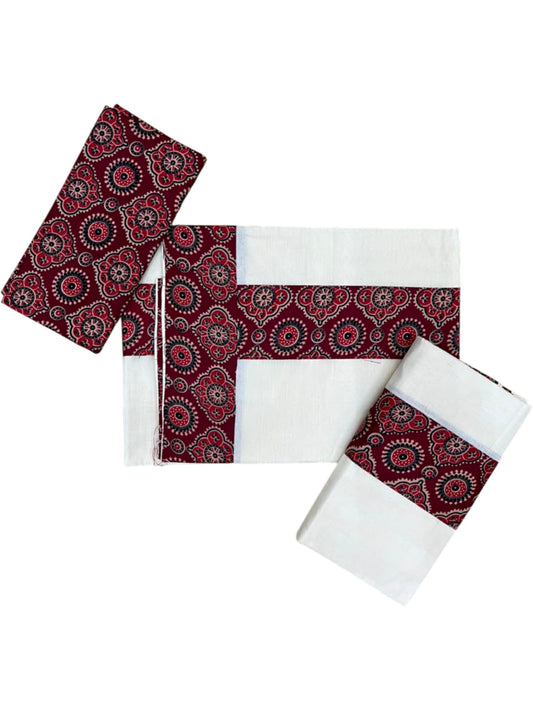 Southloom Kerala Cotton Single Set Mundu (Mundum Neriyathum) in Ajrakh Printed Design (with Blouse Piece)