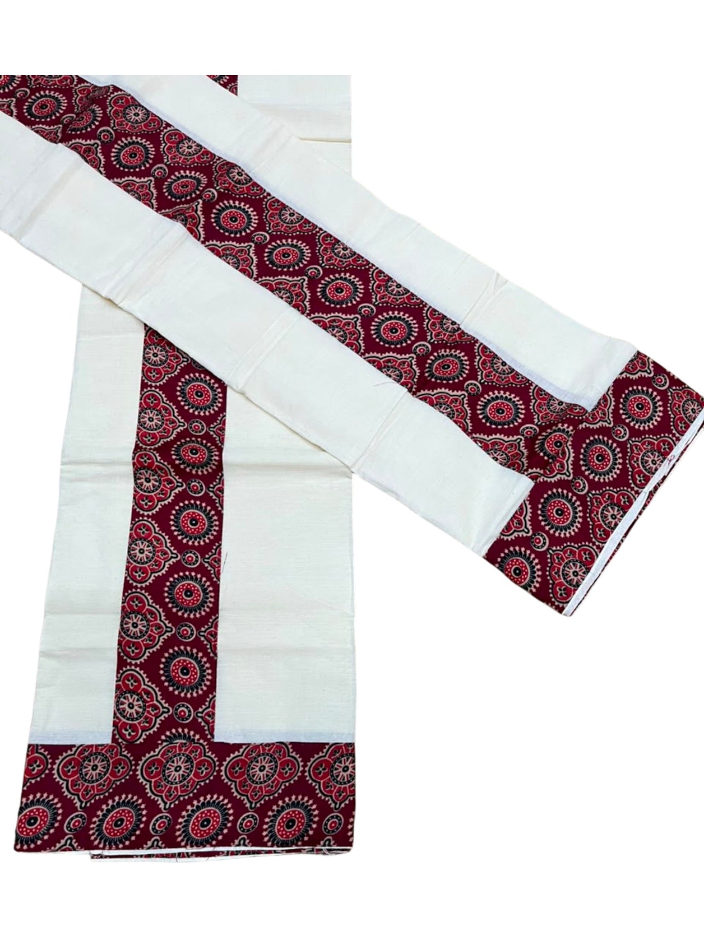 Southloom Kerala Cotton Single Set Mundu (Mundum Neriyathum) in Ajrakh Printed Design (with Blouse Piece)