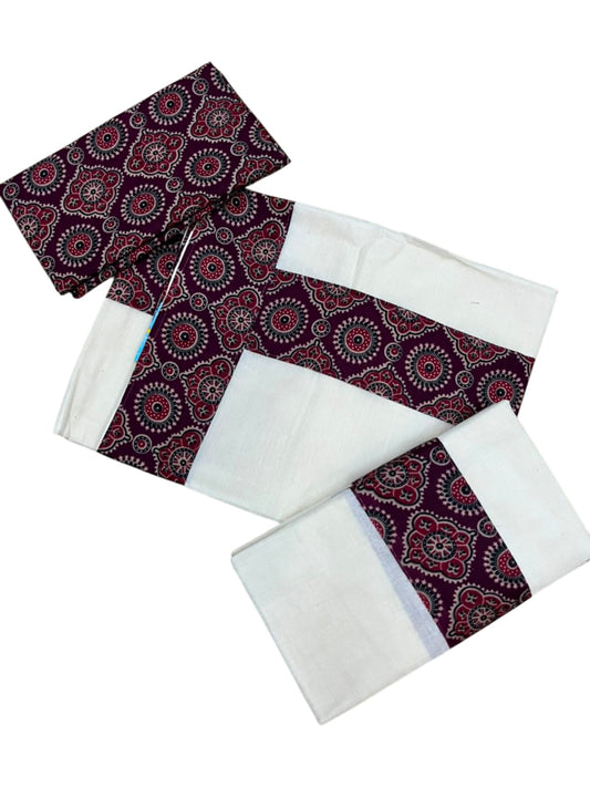 Southloom Kerala Cotton Single Set Mundu (Mundum Neriyathum) in Ajrakh Printed Design (with Blouse Piece)