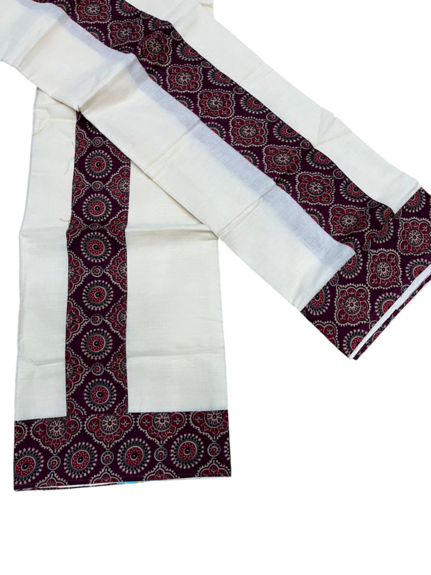 Southloom Kerala Cotton Single Set Mundu (Mundum Neriyathum) in Ajrakh Printed Design (with Blouse Piece)