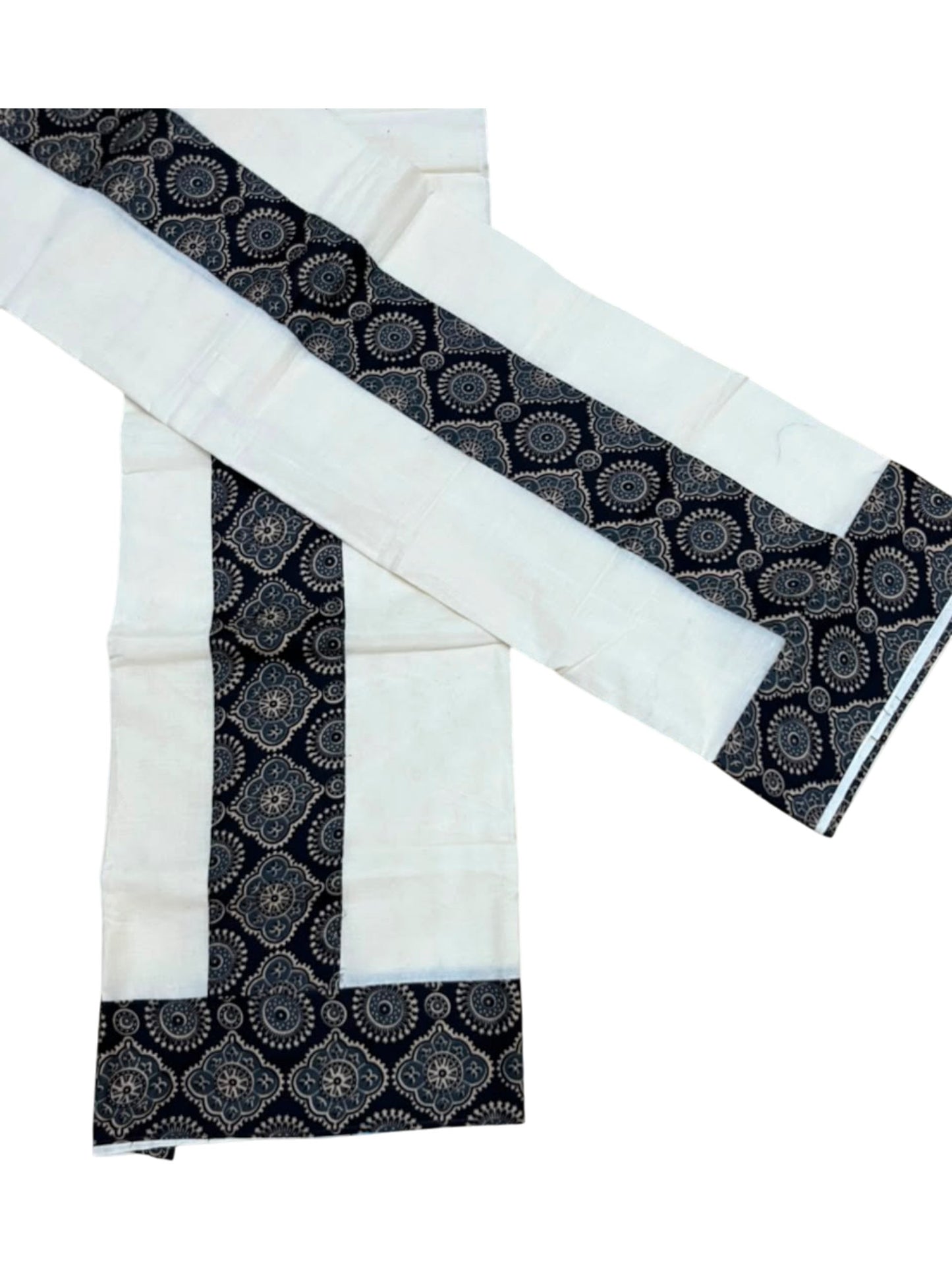 Southloom Kerala Cotton Single Set Mundu (Mundum Neriyathum) in Ajrakh Printed Design (with Blouse Piece)
