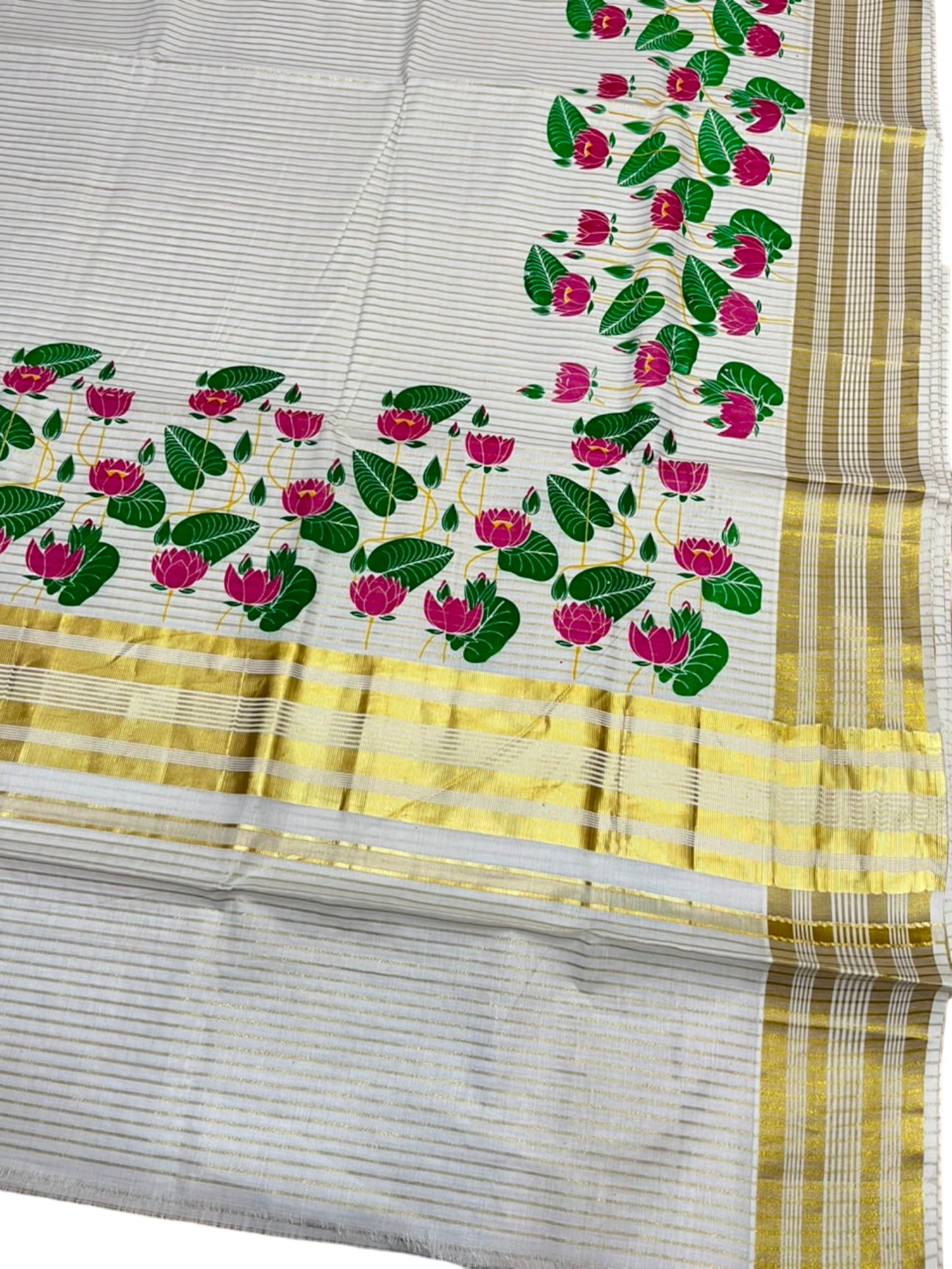 Southloom Kerala Cotton Microstripes Saree with Digital Print Lotus Design SL562
