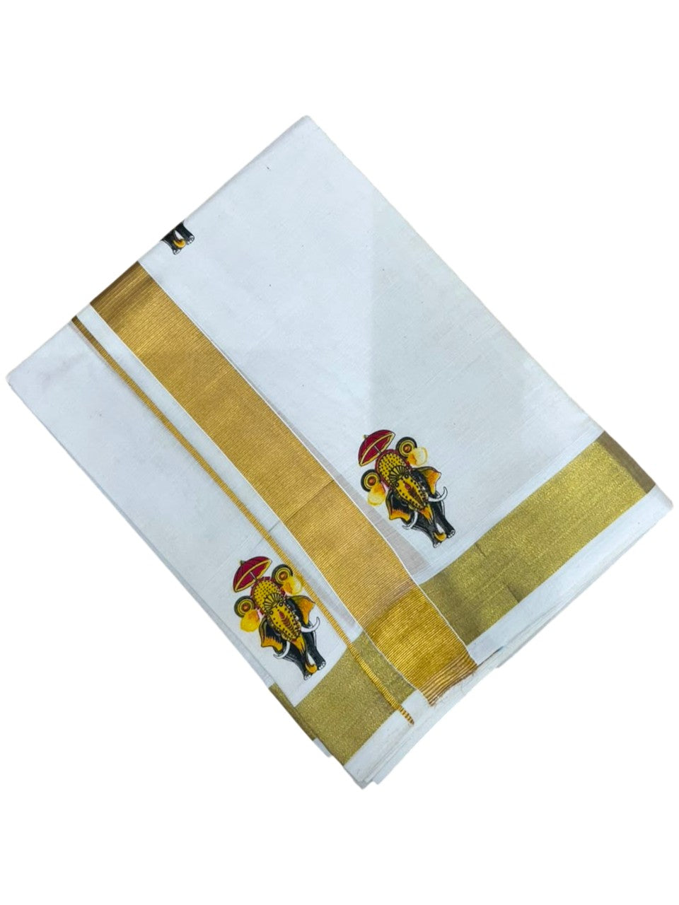 Southloom Kerala Cotton Elephant Digital Printed Double Mundu (South Indian Kerala Dhoti) SL567