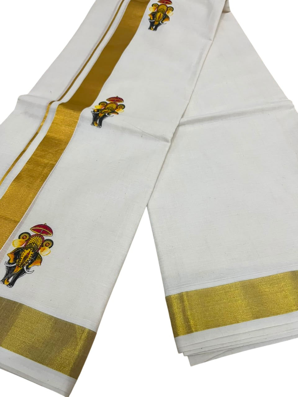 Southloom Kerala Cotton Elephant Digital Printed Double Mundu (South Indian Kerala Dhoti) SL567