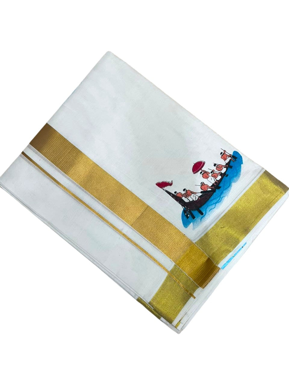 Southloom Kerala Cotton Vallamkali Digital Printed Double Mundu (South Indian Kerala Dhoti) SL567
