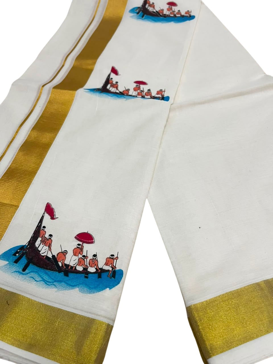 Southloom Kerala Cotton Vallamkali Digital Printed Double Mundu (South Indian Kerala Dhoti) SL567