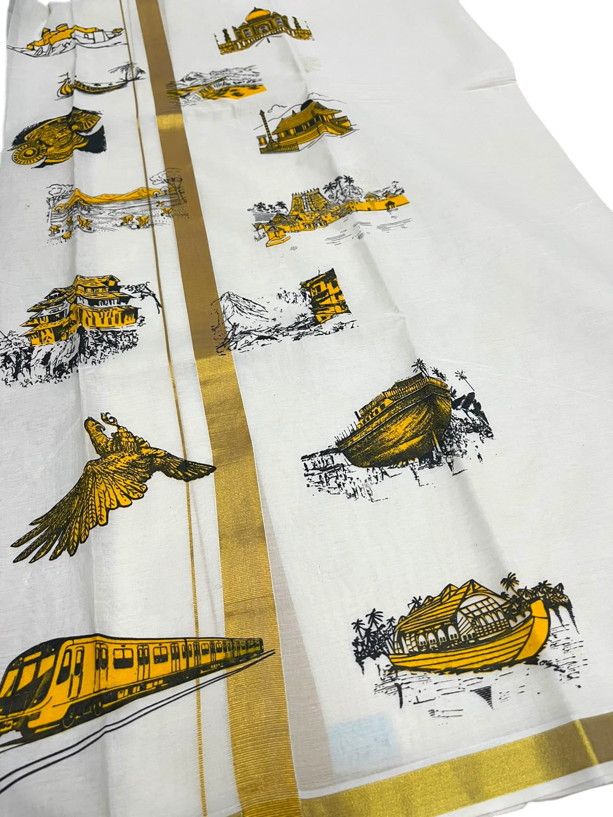 Southloom Kerala Cotton Onam Digital Printed Double Mundu (South Indian Kerala Dhoti) SL567