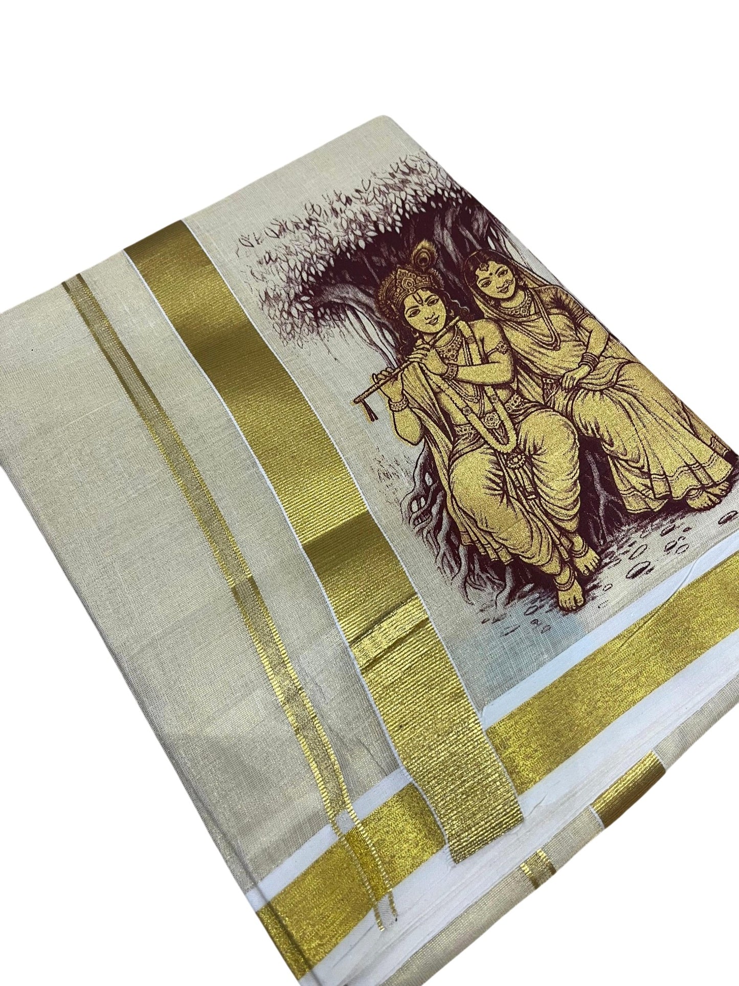 Southloom Kerala Tissue Mural Digital Printed Double Mundu (South Indian Kerala Dhoti) SL567