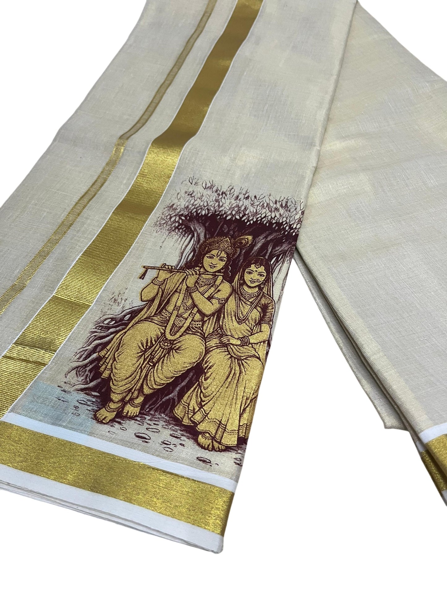 Southloom Kerala Tissue Mural Digital Printed Double Mundu (South Indian Kerala Dhoti) SL567