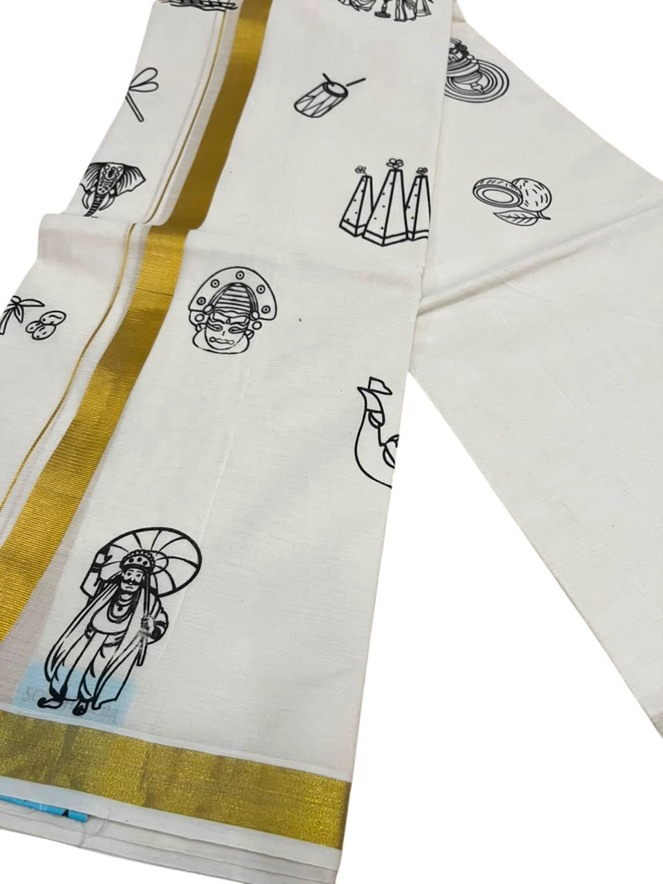 Southloom Kerala Cotton Onam Digital Printed Double Mundu (South Indian Kerala Dhoti) SL567
