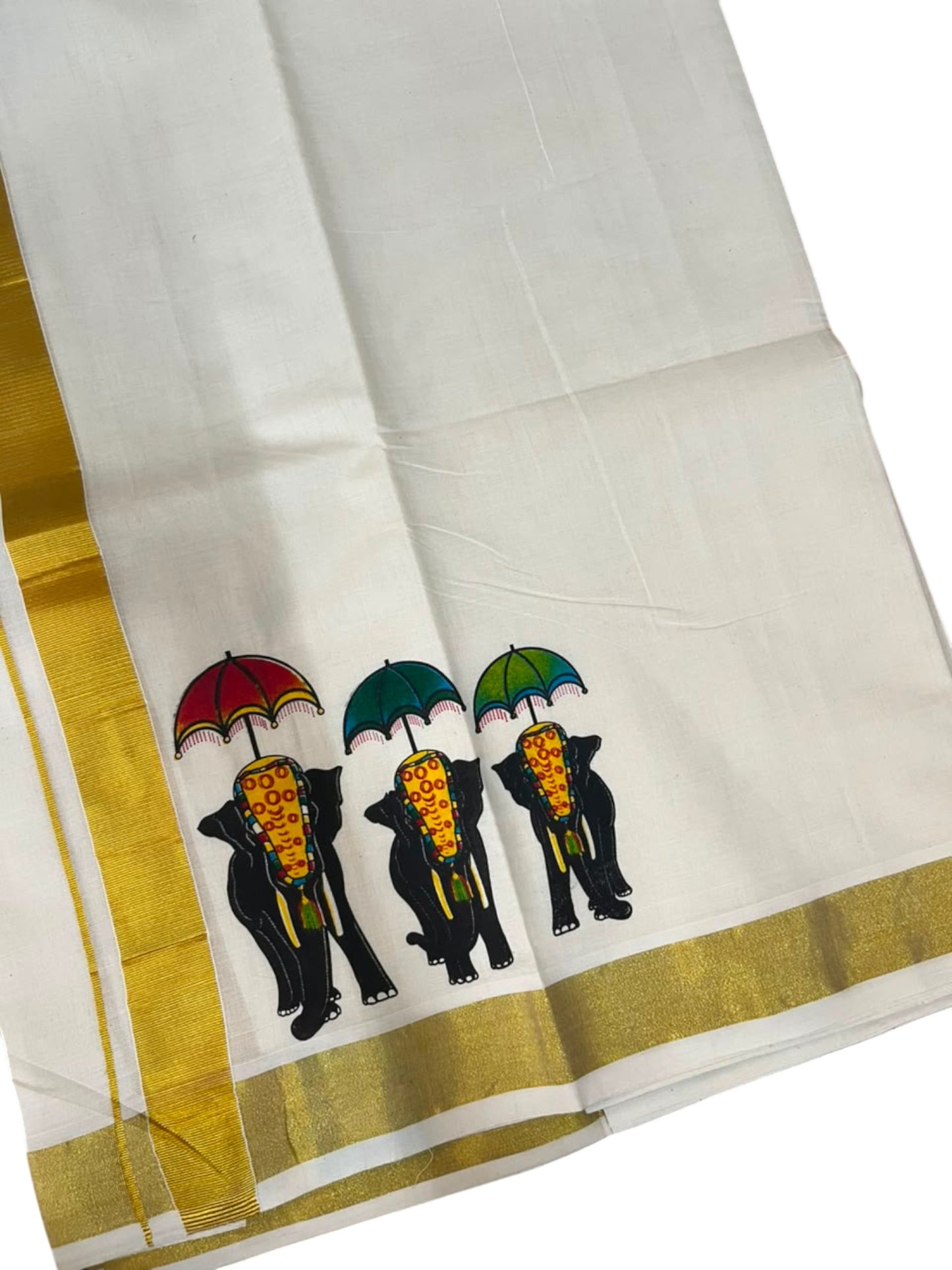 Southloom Kerala Cotton Elephant Digital Printed Double Mundu (South Indian Kerala Dhoti) SL567