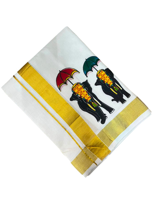 Southloom Kerala Cotton Elephant Digital Printed Double Mundu (South Indian Kerala Dhoti) SL567