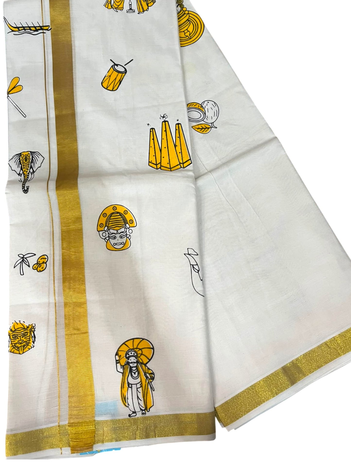 Southloom Kerala Cotton Elephant Digital Printed Double Mundu (South Indian Kerala Dhoti) SL567
