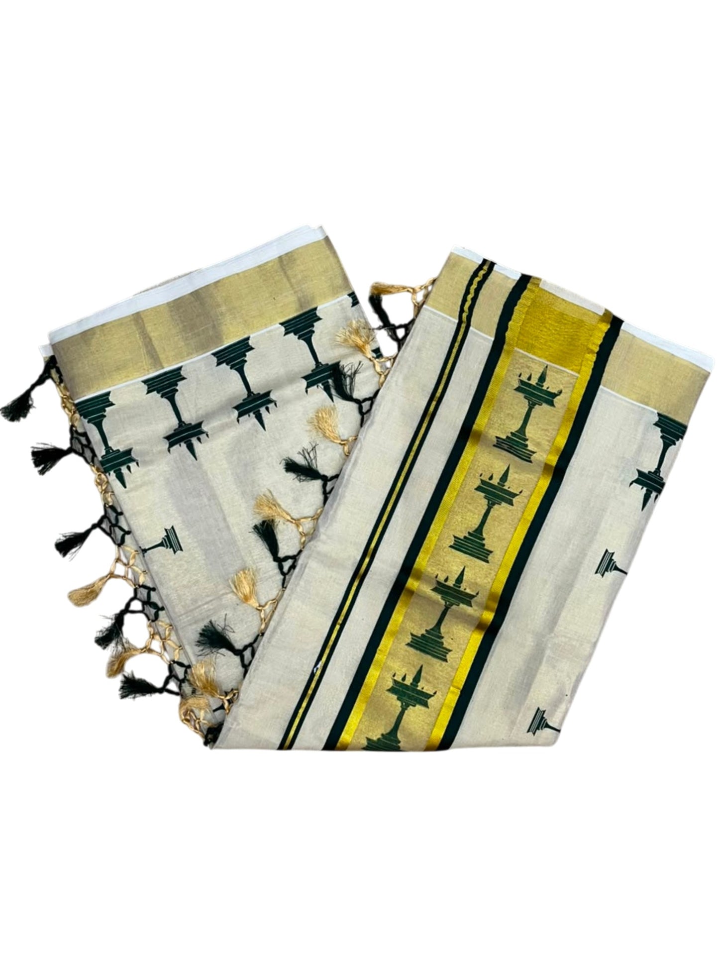 Southloom Kerala Tissue Saree with Nilavilakku Digital Print Design in Green SL568