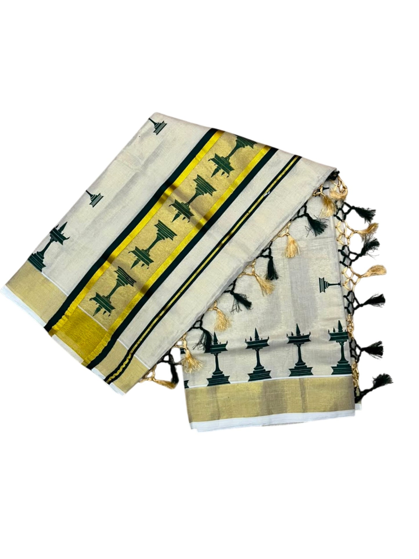 Southloom Kerala Tissue Saree with Nilavilakku Digital Print Design in Green SL568