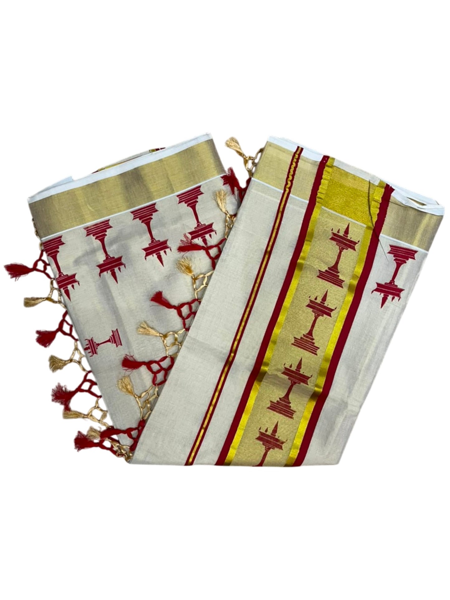 Southloom Kerala Tissue Saree with Nilavilakku Digital Print Design in Red SL568