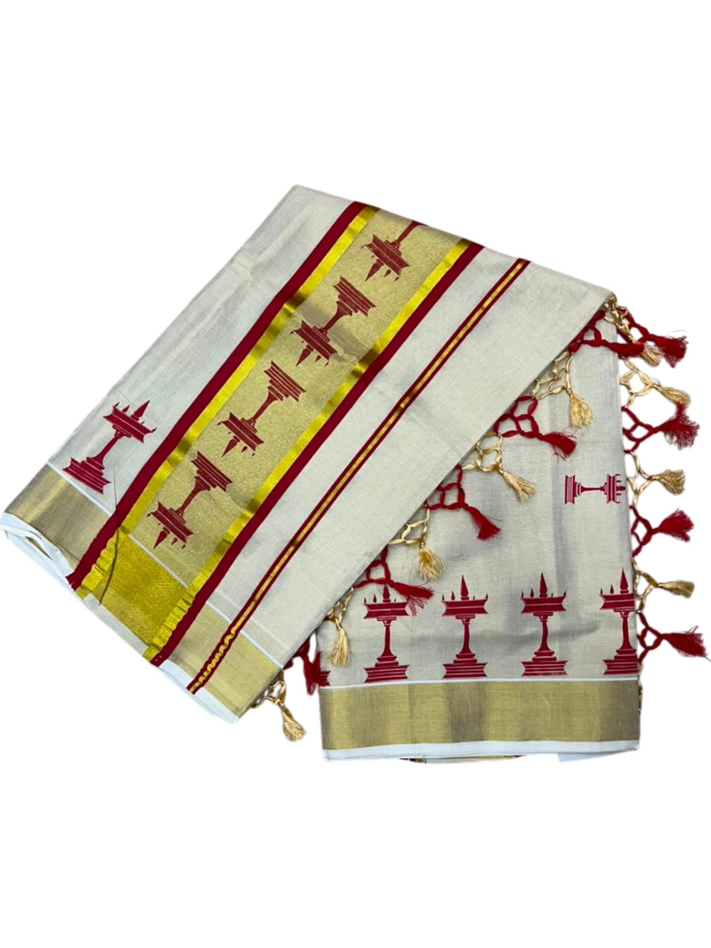 Southloom Kerala Tissue Saree with Nilavilakku Digital Print Design in Red SL568