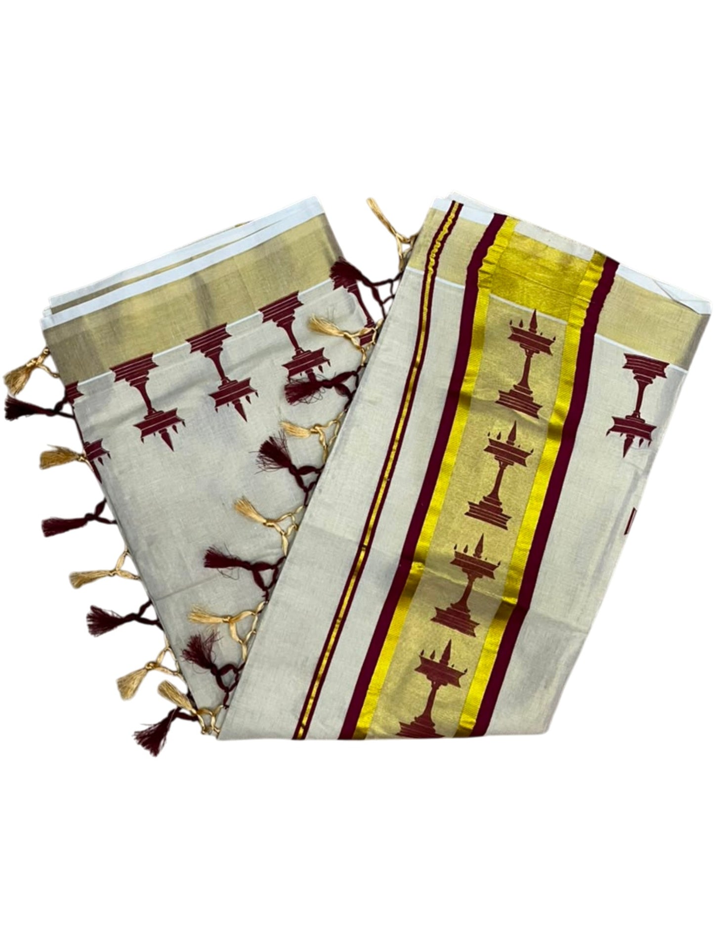 Southloom Kerala Tissue Saree with Nilavilakku Digital Print Design in Maroon SL568