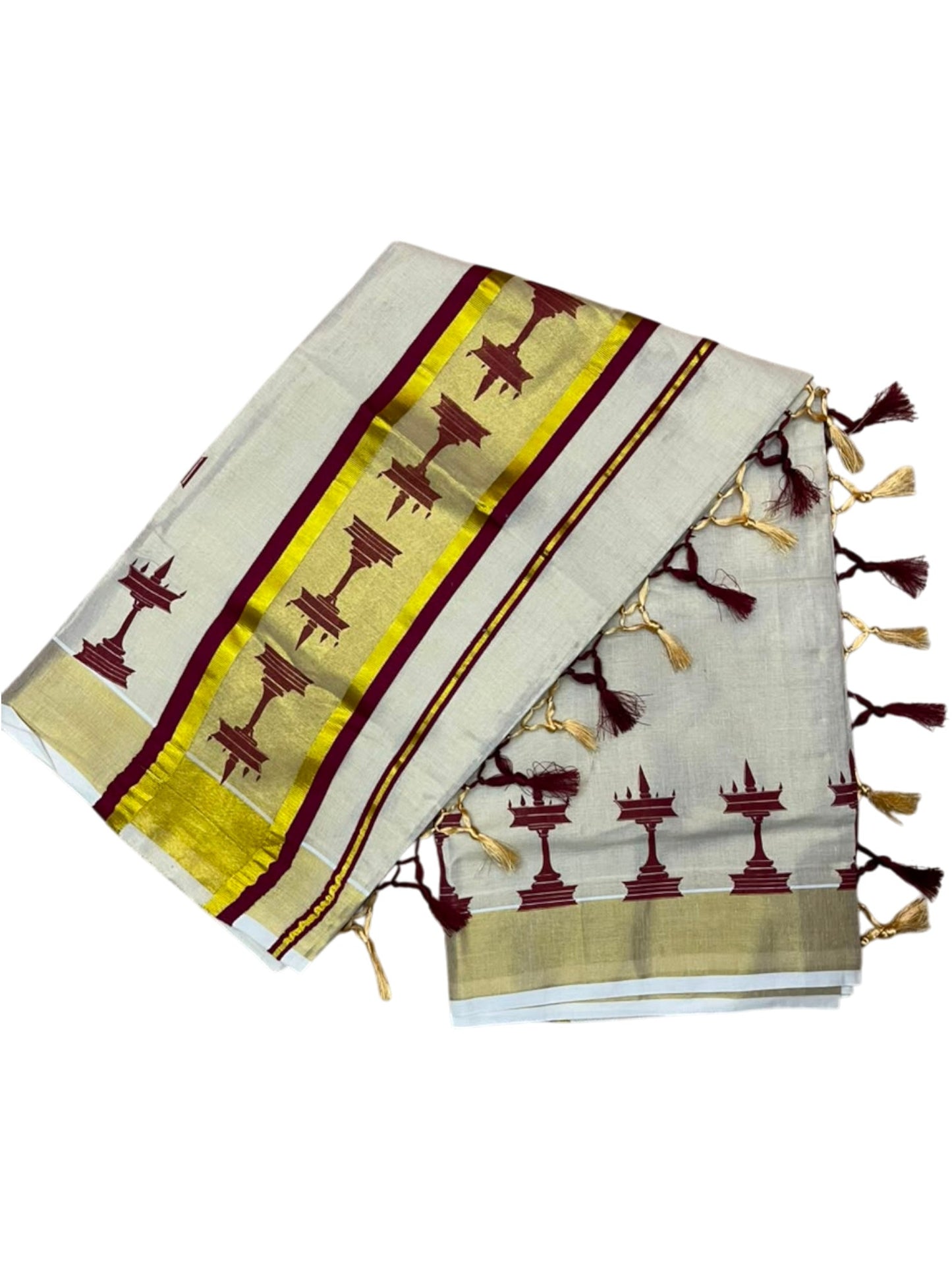 Southloom Kerala Tissue Saree with Nilavilakku Digital Print Design in Maroon SL568