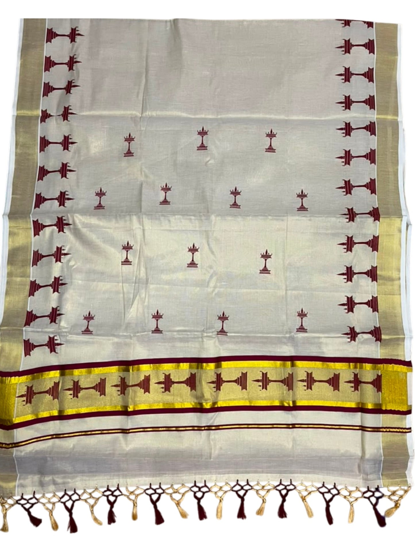 Southloom Kerala Tissue Saree with Nilavilakku Digital Print Design in Maroon SL568