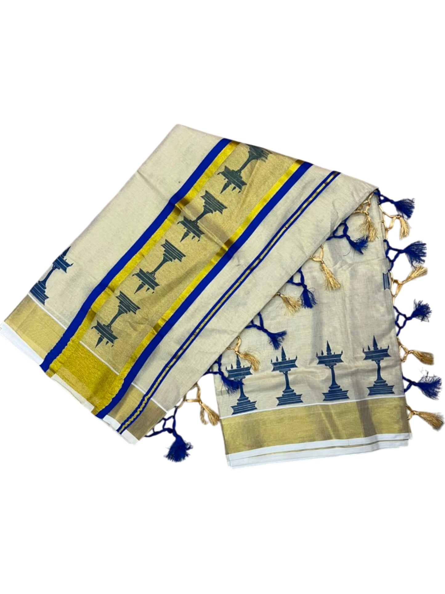 Southloom Kerala Tissue Saree with Nilavilakku Digital Print Design in Blue SL568