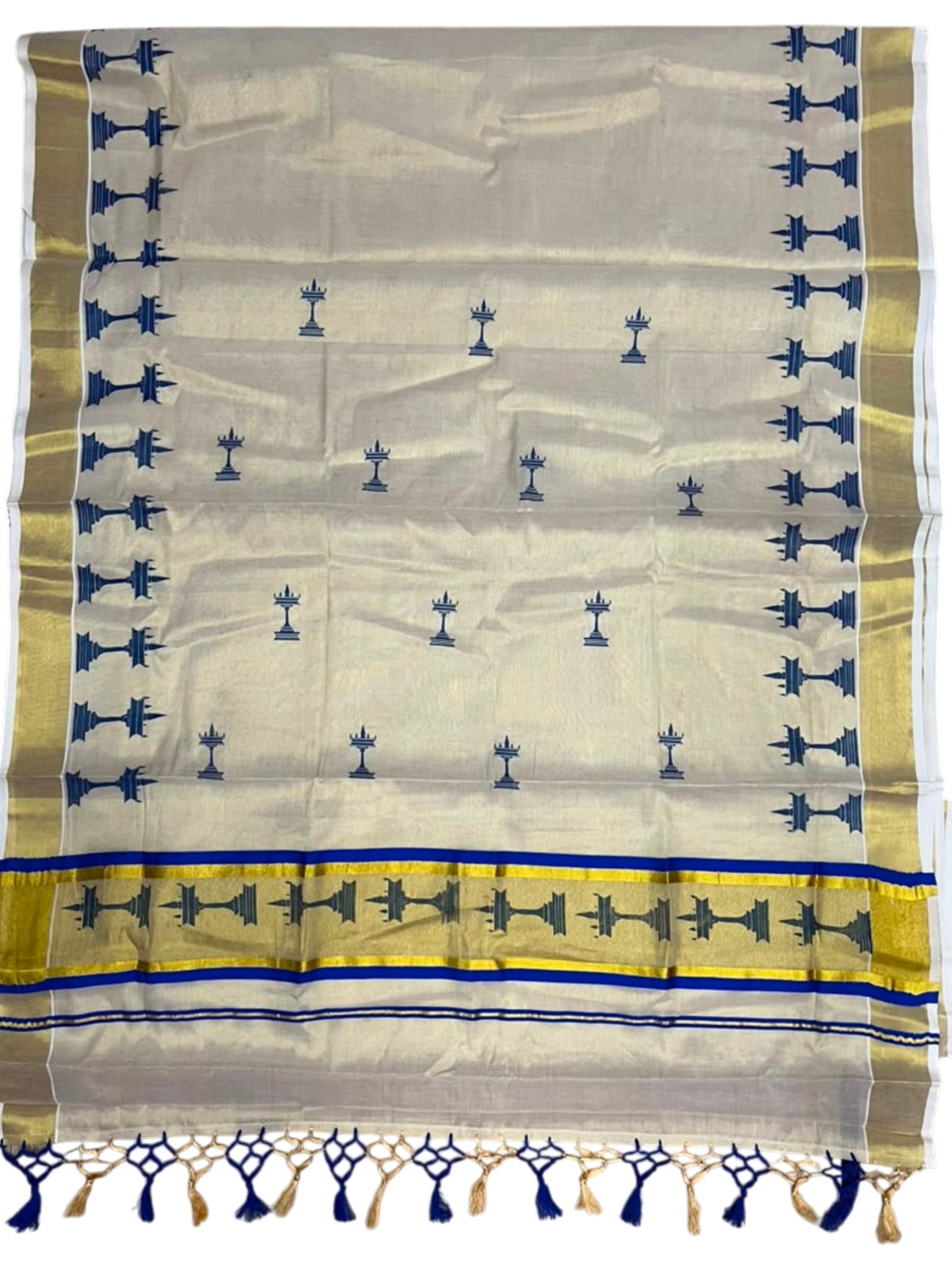Southloom Kerala Tissue Saree with Nilavilakku Digital Print Design in Blue SL568