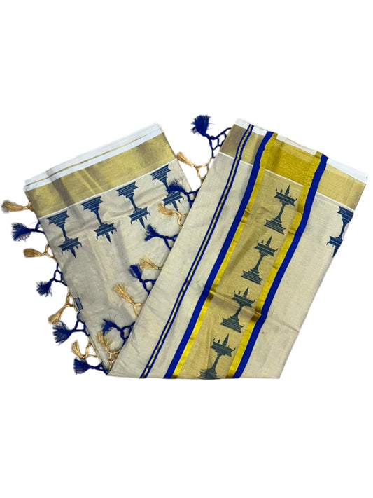 Southloom Kerala Tissue Saree with Nilavilakku Digital Print Design in Blue SL568