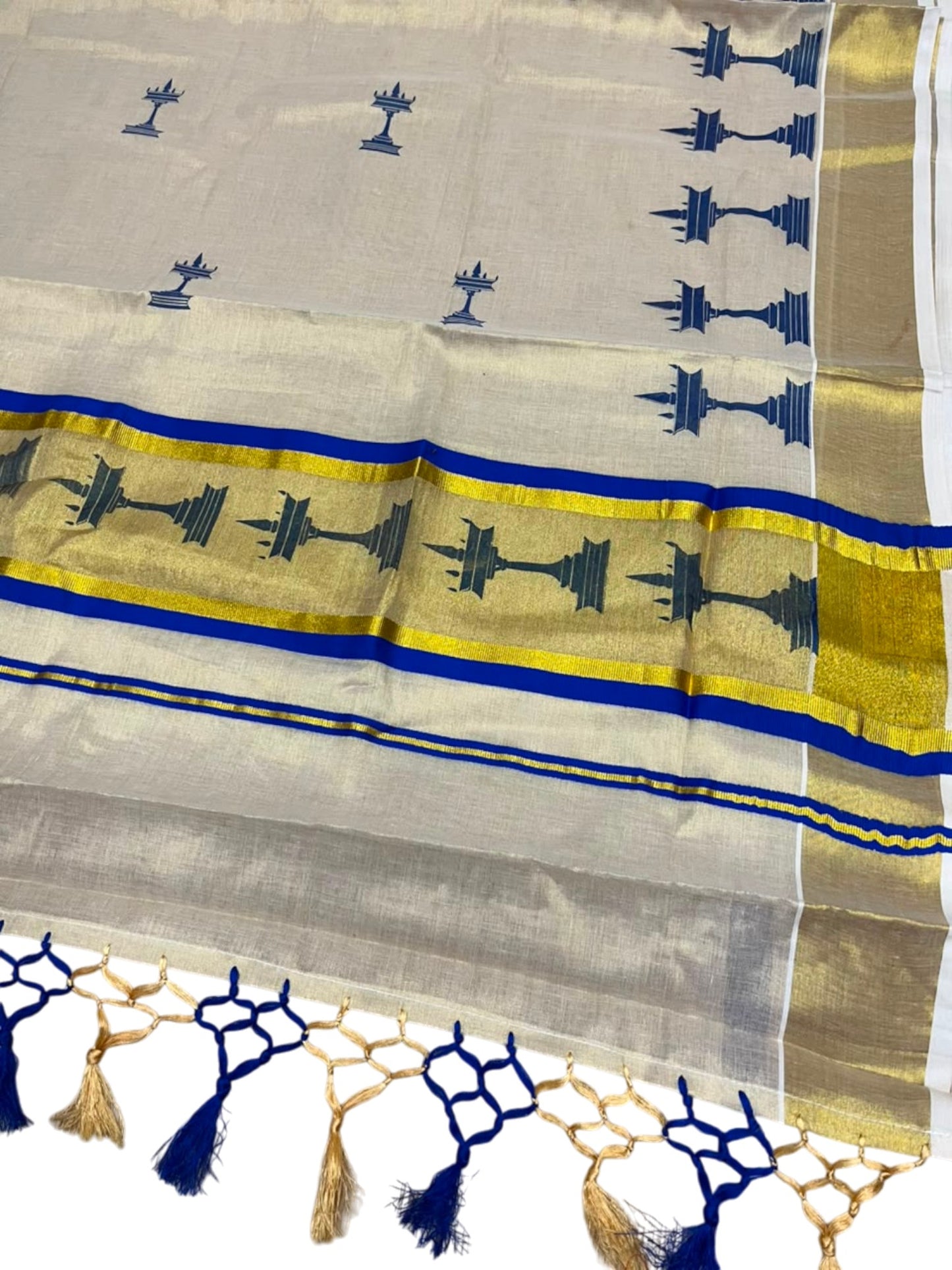 Southloom Kerala Tissue Saree with Nilavilakku Digital Print Design in Blue SL568