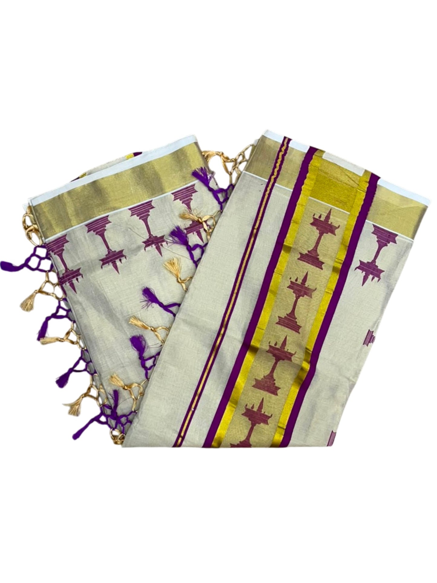 Southloom Kerala Tissue Saree with Nilavilakku Digital Print Design in Magenta SL568