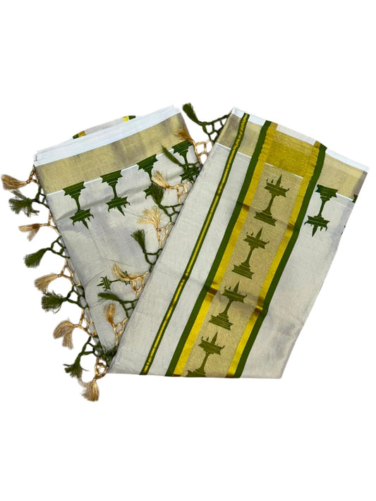 Southloom Kerala Tissue Saree with Nilavilakku Digital Print Design in Olive Green SL568