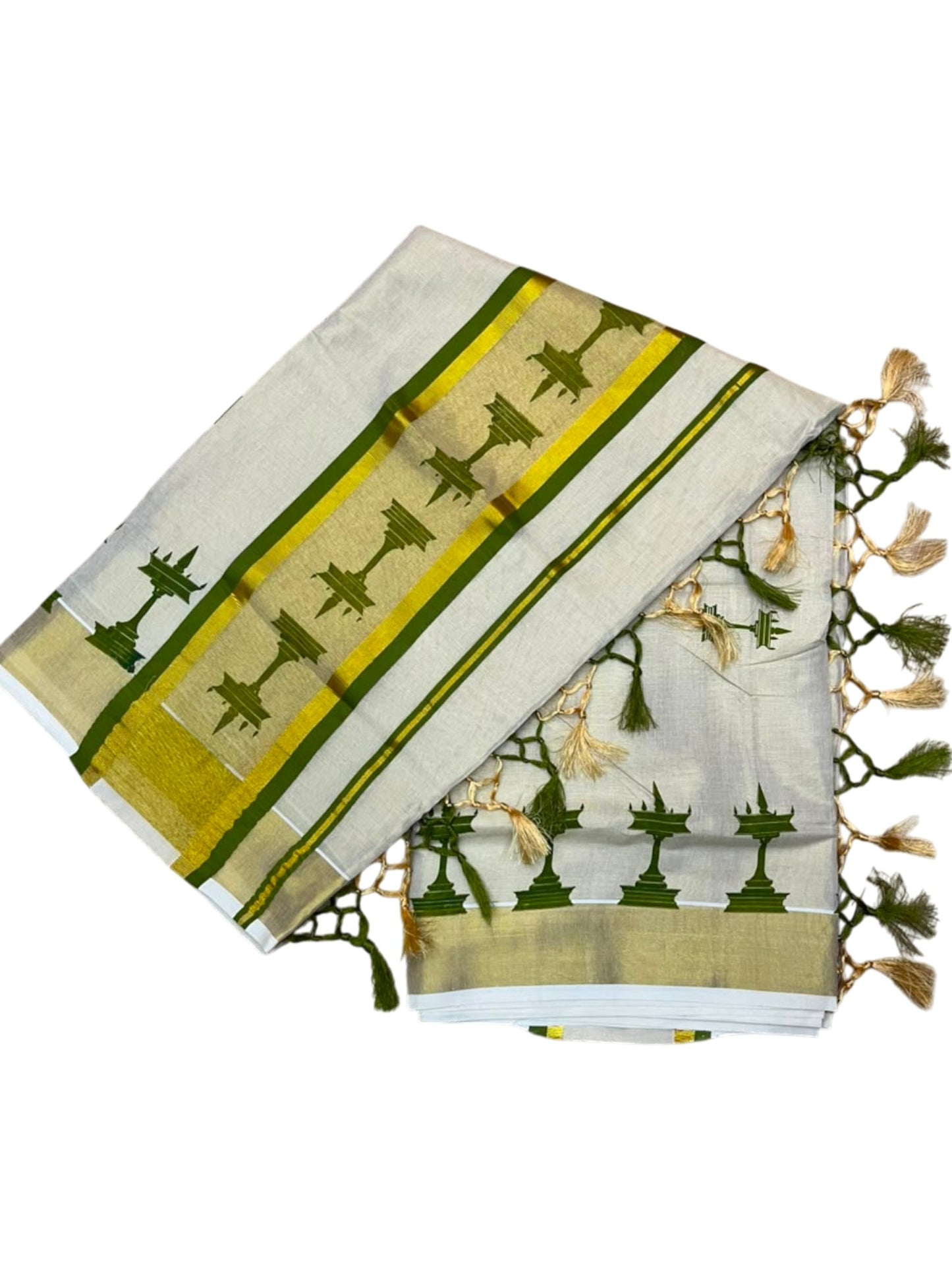 Southloom Kerala Tissue Saree with Nilavilakku Digital Print Design in Olive Green SL568
