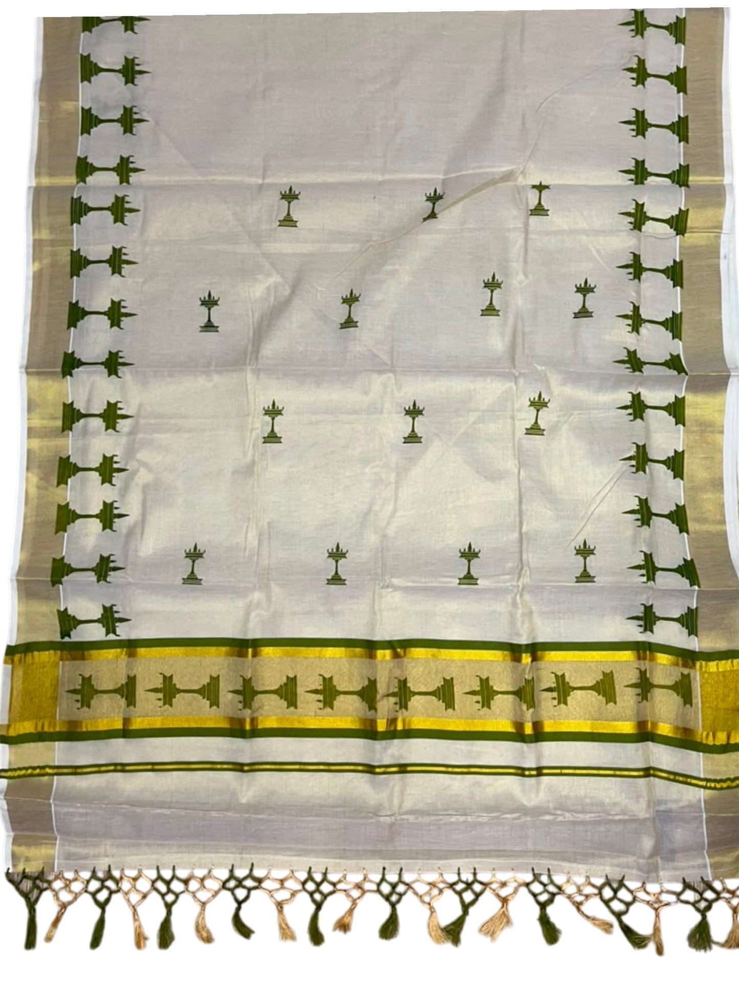 Southloom Kerala Tissue Saree with Nilavilakku Digital Print Design in Olive Green SL568