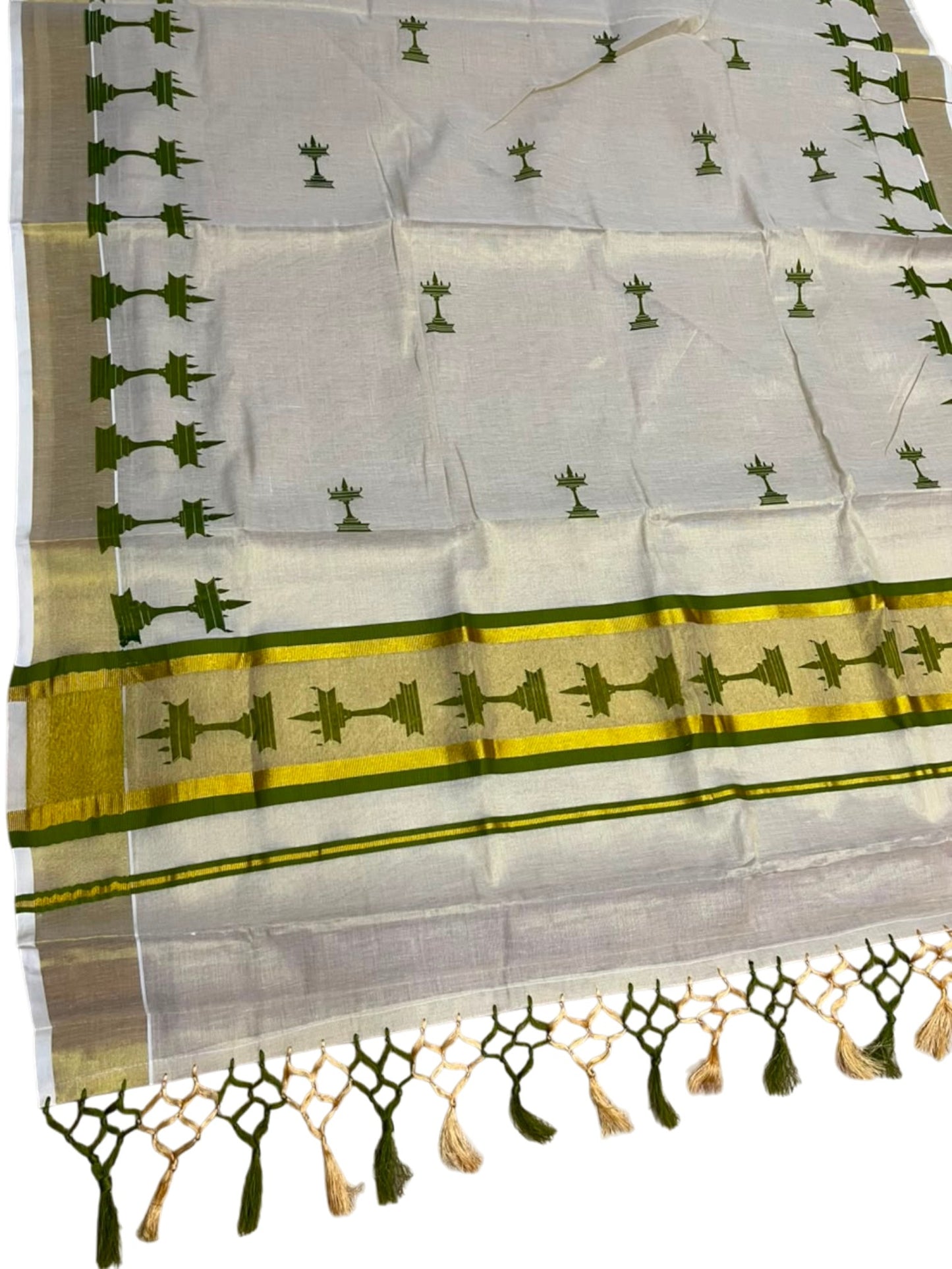 Southloom Kerala Tissue Saree with Nilavilakku Digital Print Design in Olive Green SL568