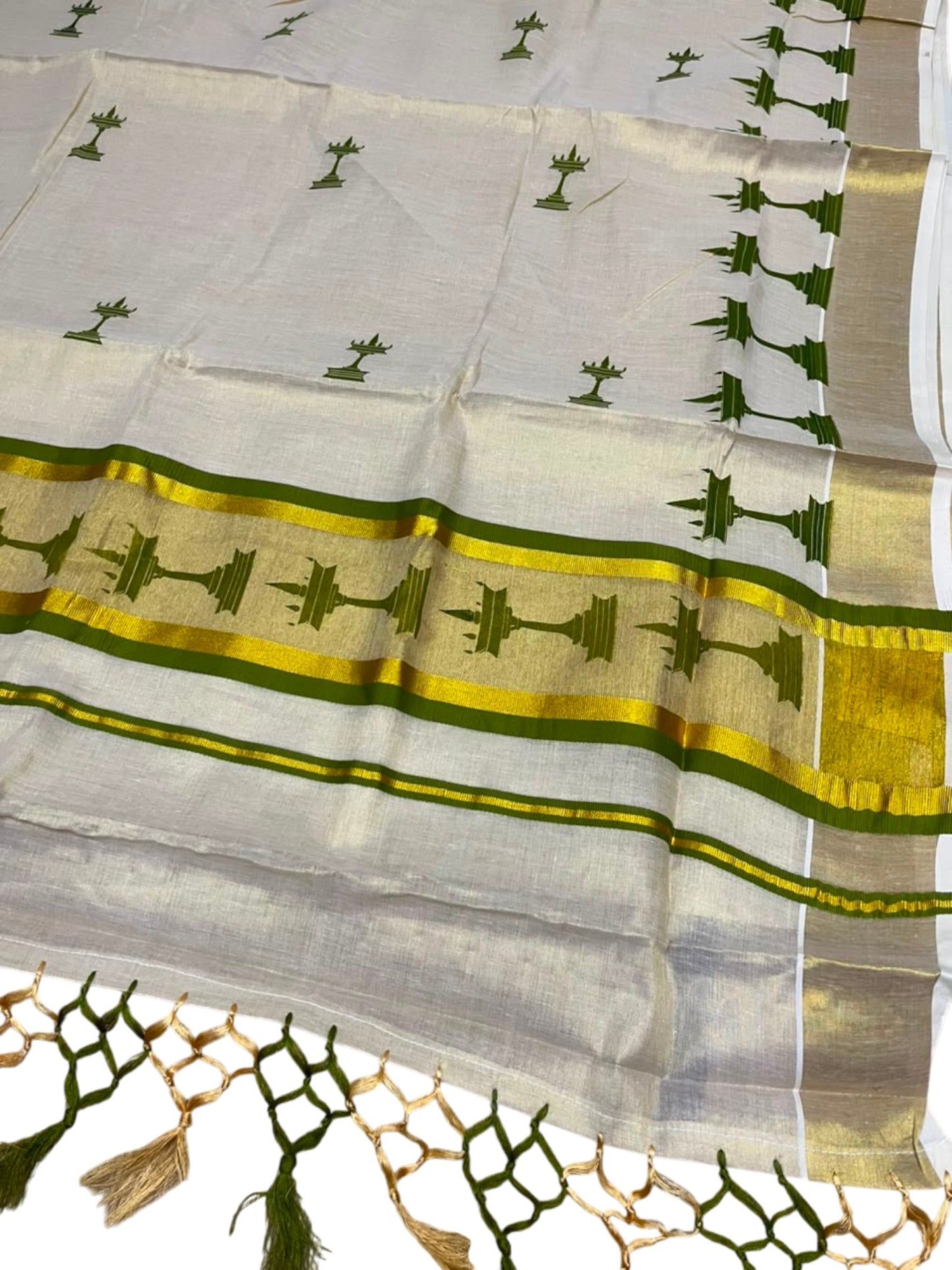 Southloom Kerala Tissue Saree with Nilavilakku Digital Print Design in Olive Green SL568