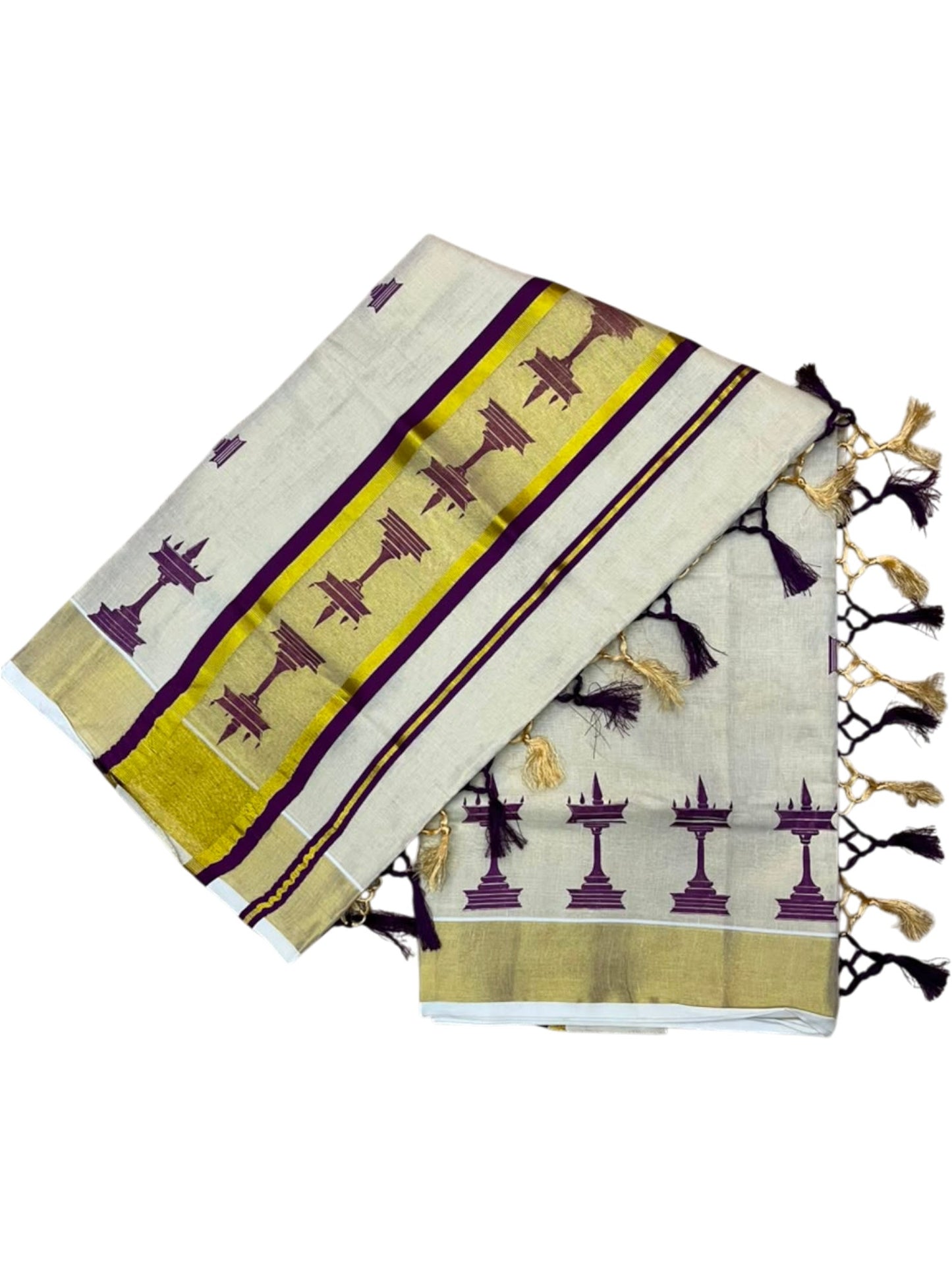 Southloom Kerala Tissue Saree with Nilavilakku Digital Print Design in Purple SL568
