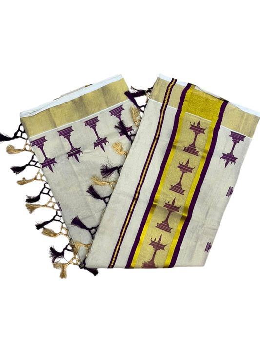 Southloom Kerala Tissue Saree with Nilavilakku Digital Print Design in Purple SL568