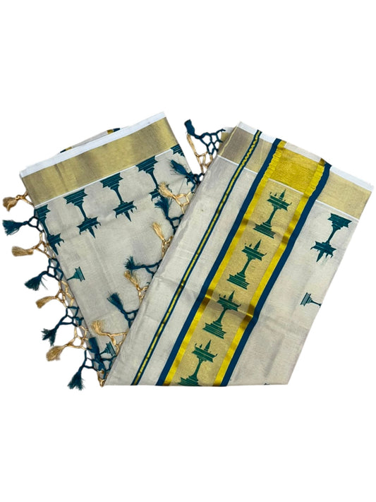 Southloom Kerala Tissue Saree with Nilavilakku Digital Print Design in Peacock Blue SL568